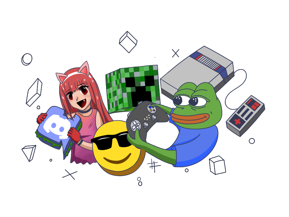 pepe playing games and an anime girl holding up Discord logo